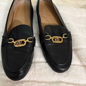 Ralph Lauren Black Leather Loafers with Gold Accent